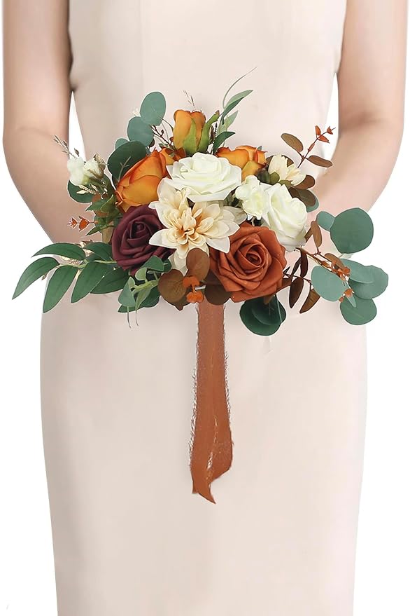 Rinlong 1Pc Fall Wedding Bouquets for Bridesmaids Bride Terracotta Artificial Bridesmaid Bridal Bouquet for Wedding Prom