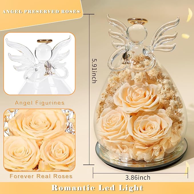 Beferr Christmas Birthday Gifts for Women, Mom Gifts for Christmas Fresh Flowers for Delivery Prime Forever Preserved Rose in Glass Angel Figurine Xmas Gifts for Grandma Wife Sister Her, Champagne