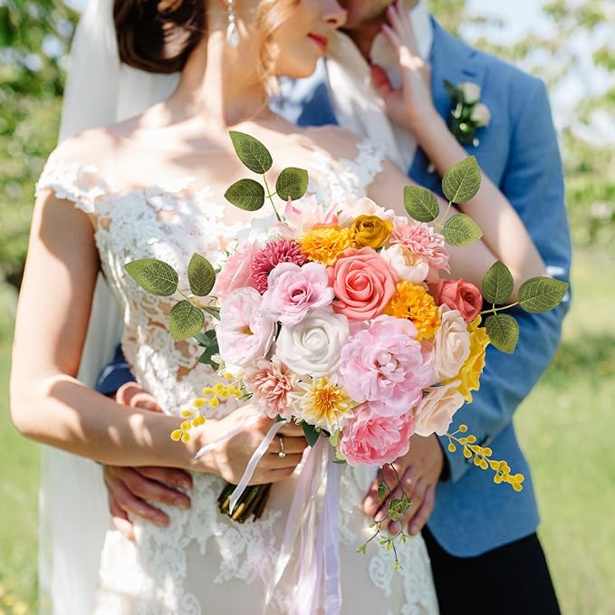 Artificial Flowers Combo, Mix Silk Flowers Roses, Peonies, Dahlias with Stems for DIY Wedding Bridal Bouquet, Baby Shower, Table Centerpieces, Home Decor, Floral Arrangements-Pink Yellow