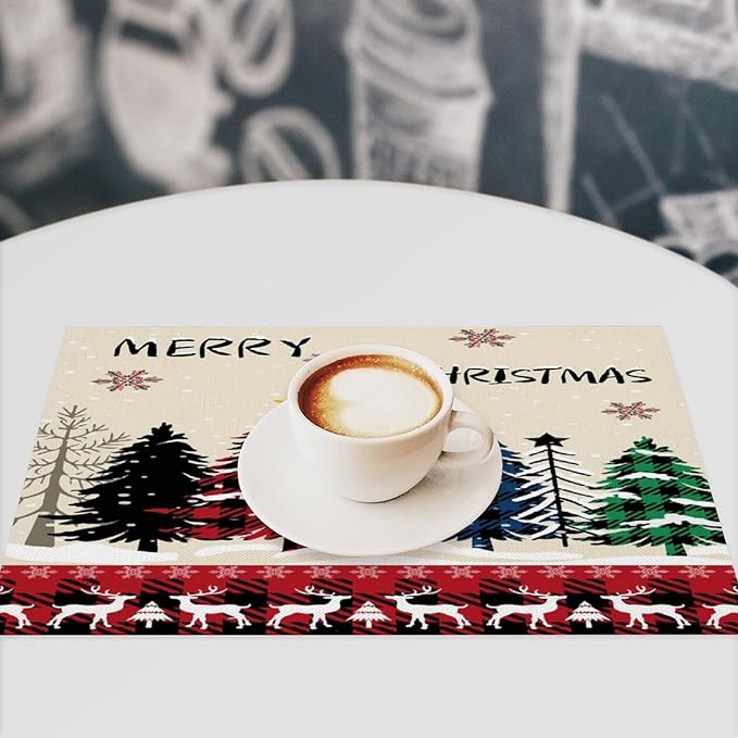Christmas Placemats Rustic Farmhouse Red Buffalo Plaid Elk Christmas Tree Winter Snowflake Placemats Table Kitchen Dining Party 12x18 Inch Set of 4