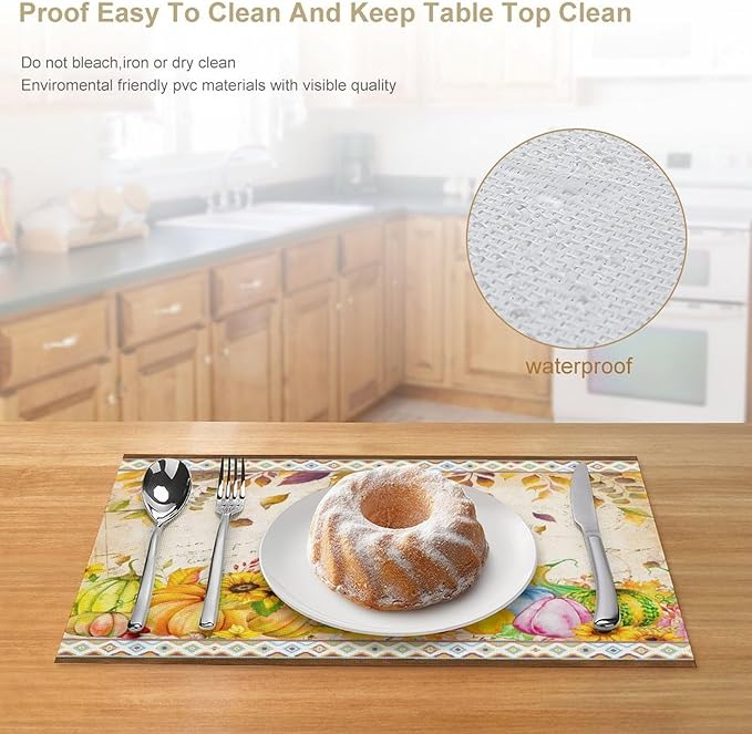 Fall Pumpkin Kitchen Placemats Vintage Rustic Farmhouse Aztec Pumpkins Maple Leaves Sunflowers Harvest Thanksgiving Placemats Table Kitchen Dining Party 12x18 Inch Set of 6