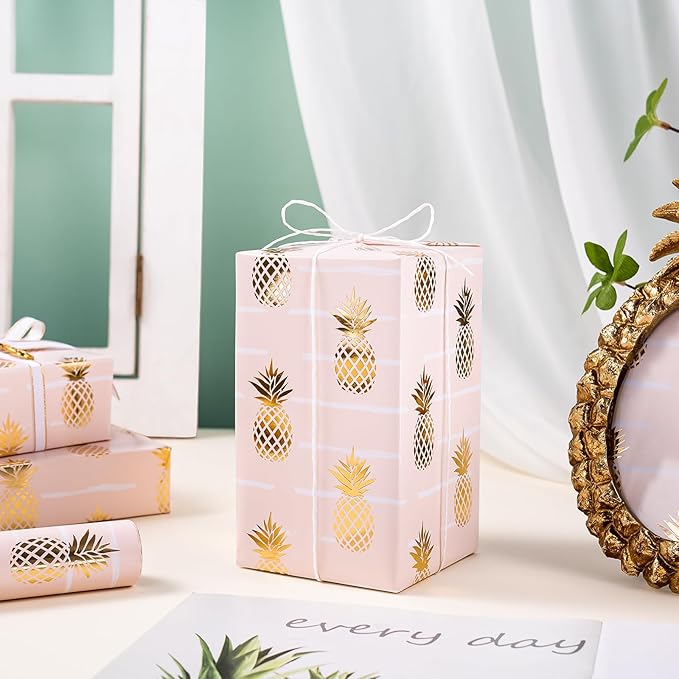WRAPAHOLIC 30 Inch Jumbo Pineapple Wrapping Paper Roll - 30 Inch x 16.5 Feet - Jumbo Pink and Gold Foil Pineapple Design for Birthday, Wedding, Bridal Shower, Baby Shower