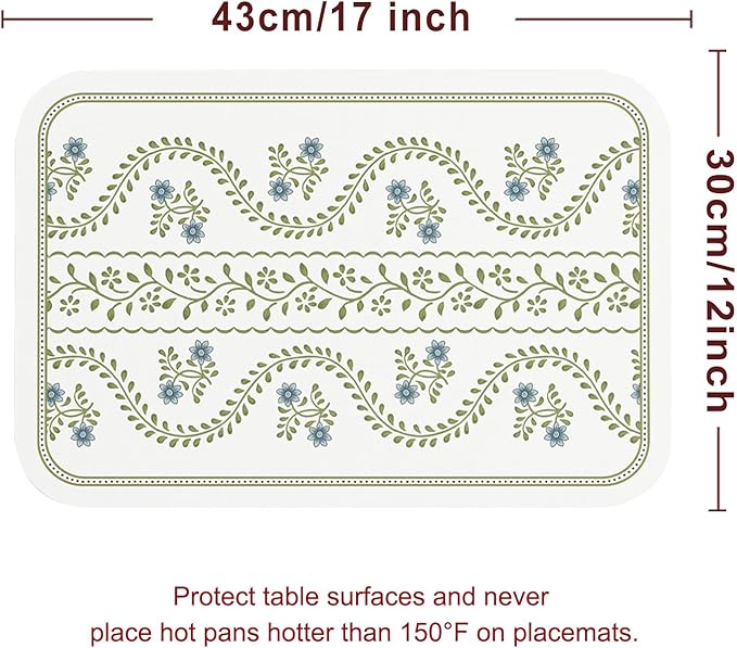 ISAENNE Rectangular Placemats Set of 6,Floral PVC Placemats, Waterproof and Heat-Resistant Place Mats,Decoration for Kitchen, Dining, Parties, Holiday,12"*17"