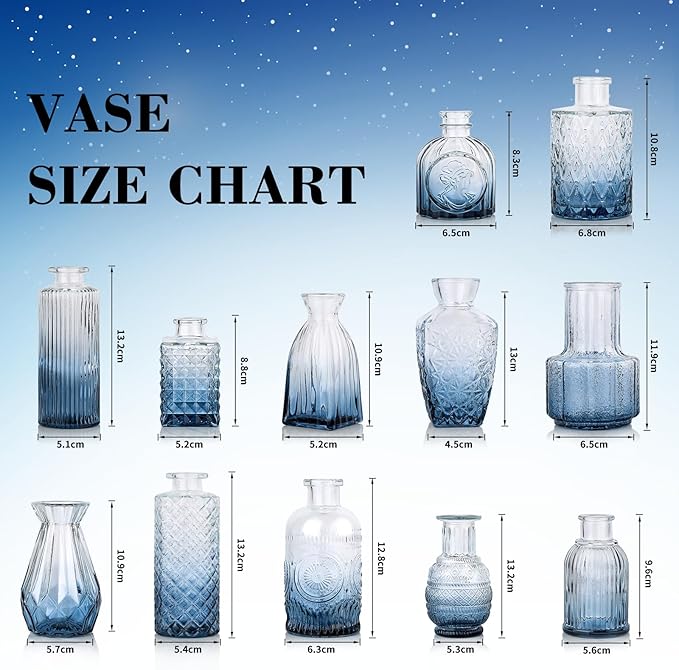 Bud Vases Set of 12, Small Mini Glass Vases for Centerpieces - Elegant Vintage Style - Perfect for Table Decor, Wedding, Party Centerpieces - Great Gift for Home Decor Lovers (Ombre Blue)