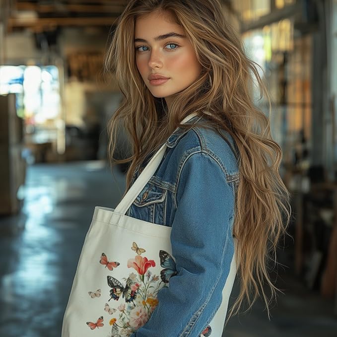 ANATTASOUL Canvas Tote Bag Butterfly Bouquet Reusable Cotton Bag for Women, Durable Cloth Shoulder Bags with Zipper Pockets for Shopping, Vacation, Work, Gym