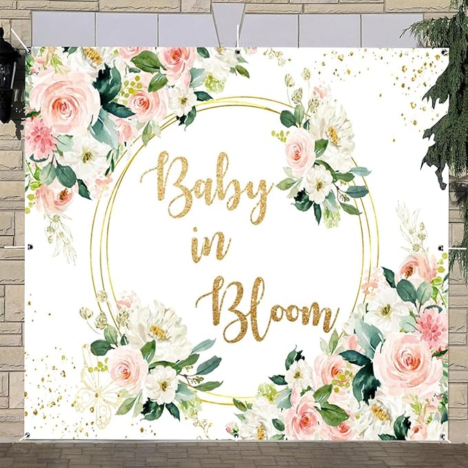 Baby in Bloom Baby Shower Garage Door Cover Banner Decorations Backdrop 7x8ft Pink Boho Floral Golden Loop Garage Door Backdrop Baby Shower Cake Table Outdoor Garage Door Banner Decorations
