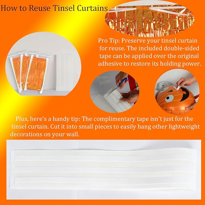 Upgraded Thicker Melsan Tinsel Fringe Curtain, 3 Pack 3.2 x 8.2 ft Orange Metallic Streamers with Extra Tape, for Thanksgiving Birthday Baby Shower Graduation Party Decor