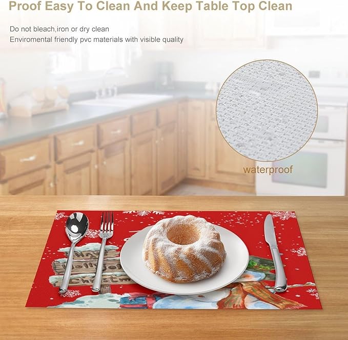 Santa Claus Placemats Red Country Farmhouse Winter Christmas Snowflake Cute Snowman Placemats Table Kitchen Dining Party 12x18 Inch Set of 6