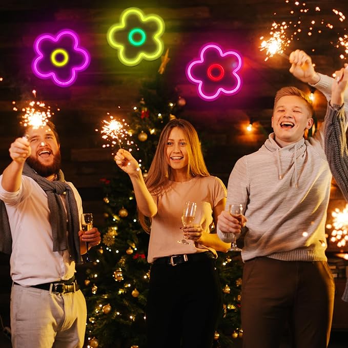 Baquler 3 Pcs Flower Neon Sign Light up Flower Sign Retro Neon LED Lights USB Powered for Wall Decor Window Bedroom Home Girls Birthday Christmas Party Decoration, 9 x 9 Inches(Stylish)