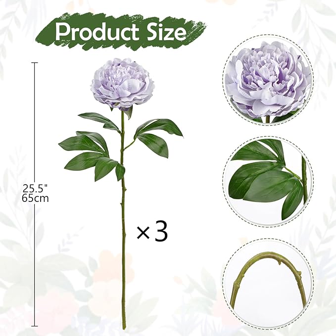 Briful 3PCS Faux Peony Flower Stems, 25.5" Artificial Peony Flowers Realistic Fake Flowers for Vase Arrangements Wedding Centerpieces Decoration(Light Purple)