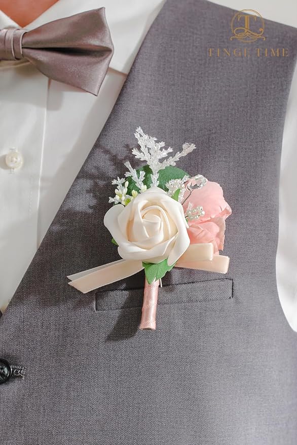 TINGE TIME Boutonniere for Men Wedding,Groom and Best Man Boutonniere for Wedding Ceremony Anniversary, Formal Dinner Party and Rustic Spring Wedding Marriage (6, Champange&Pink)