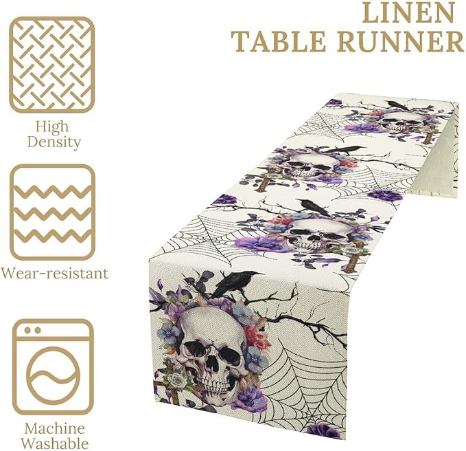Gothic Floral Table Runner, Retro Dark Skull Spider Web Crow Flower Halloween Witchy Coffee Table Center Decor for Home Kitchen Dining Patio Holiday Party Table Decorations 13x72 inches