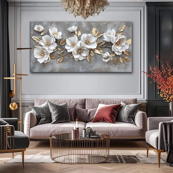 LAVIKARS Modern Gray Flowers Wall Art for Living Room Office White and Golden Floral Landscape Canvas Painting Prints Large Delicate Petals Artwork Kitchen Home Bedroom Decor (20x40 Inches)