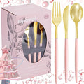 Supernal 102Pcs Pink Plastic Silverware, Gold Disposable Utensils with Pink Handle, Elegant Gold Plastic Silverware Set Includes 34 Forks, 34 Spoons and 34 Knives for Party & Wedding, Mother's Day