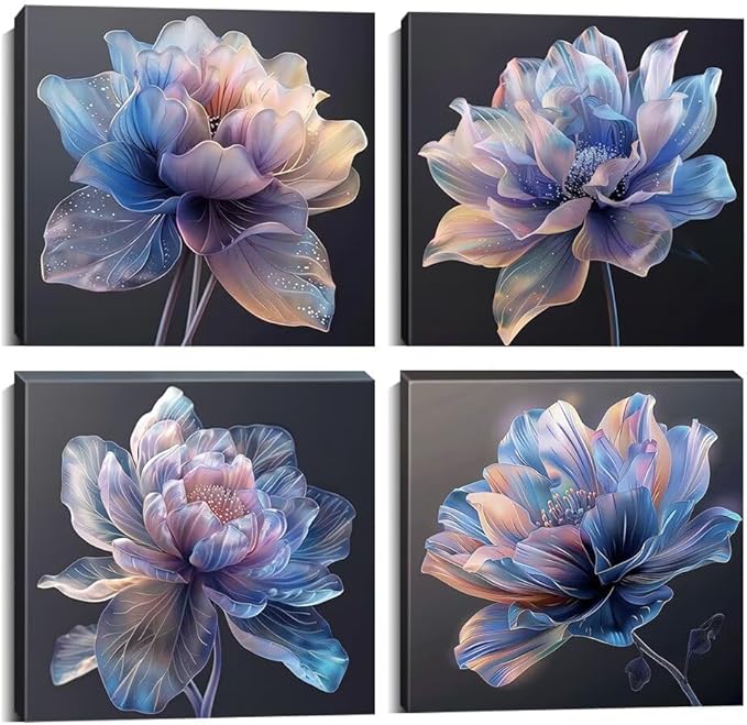 Pankila Blue Flower Wall Art for Living Room Bedroom Bathroom Floral Poster Abstract Canvas Flowers Wall Decor Life Pictures Home Decorations Framed Artwork Ready to Hang (16''W x 16''H x 4)