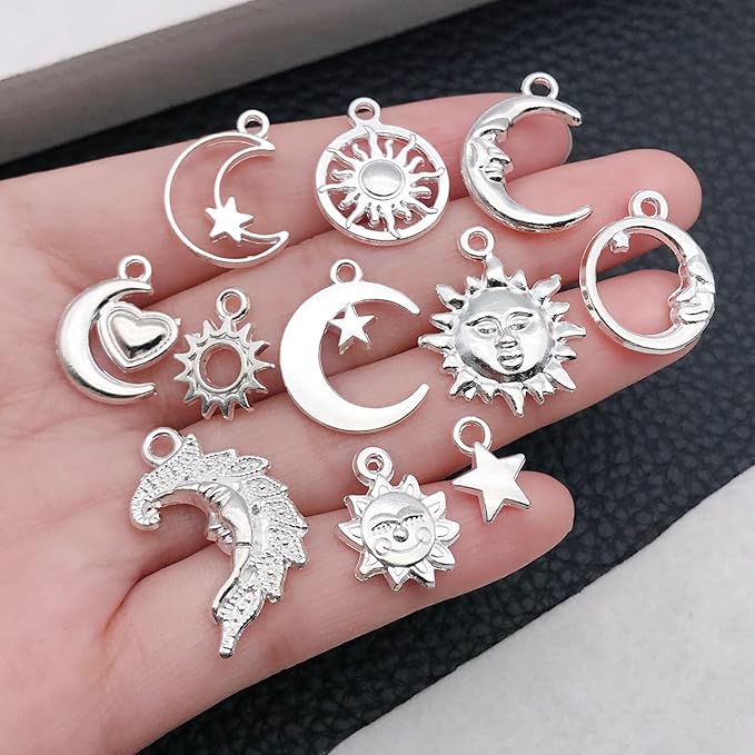 WOCRAFT 60pcs Bright Silver Sun Moon Star Bracelet Charms for Jewelry Making Sets DIY Necklace Bracelet Keychain Crafting Charms Kit Craft Supplies (SN837)