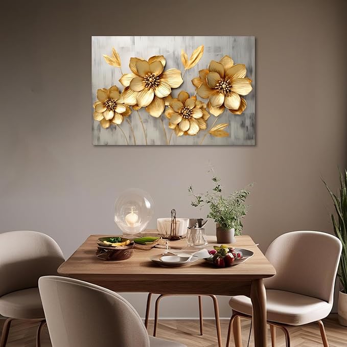 KPLUNDO Canvas Prints Wall Art Gold Flower Picture Gray Poster Landscape Painting Aesthetics Artwork Home Decor for Living Room Kitchens Decoration Gallery Wrap Ready to Hang(Art-2,12.00x18.00 inch)
