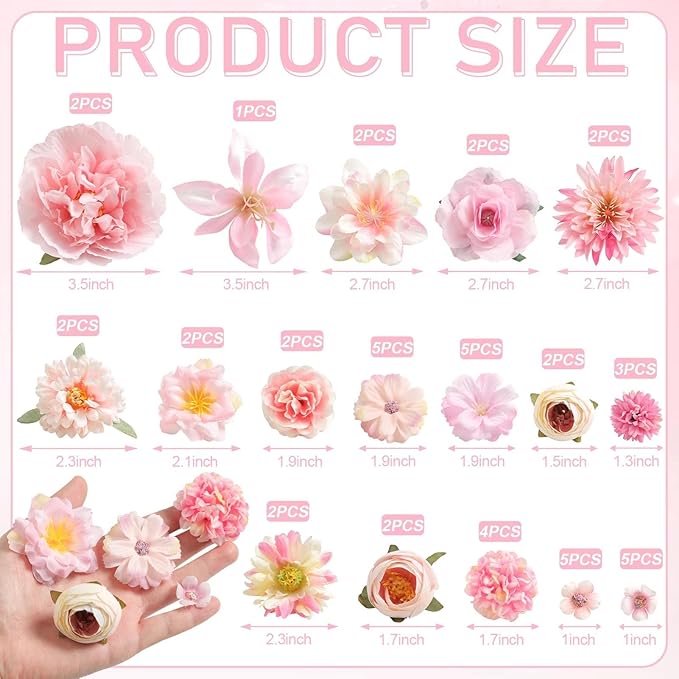 Artificial Flowers Heads Combo Pink Flowers Mix Silk Flowers Heads Faux Rose Bulk for Craft Garland Graduation Cap Wedding Bridal Baby Shower Home Party Decoration DIY Cake Decor