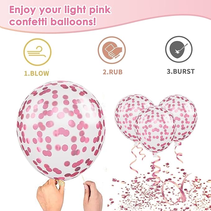 Pink Confetti Balloons Set, 50pcs 12 Inch Metallic Hot Pink Balloons, Light Pink Latex Party Balloon with Pink Ribbons for Girls Women Birthday Bridal Shower Wedding Princess Party Decorations