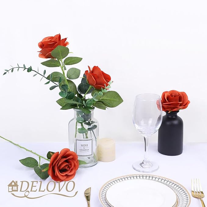 52pcs Burnt Orange Roses Artificial Flowers Fake Flowers Silk Roses with Stems for DIY Wedding Bouquets Bridal Shower Centerpieces Arrangements Party Decorations