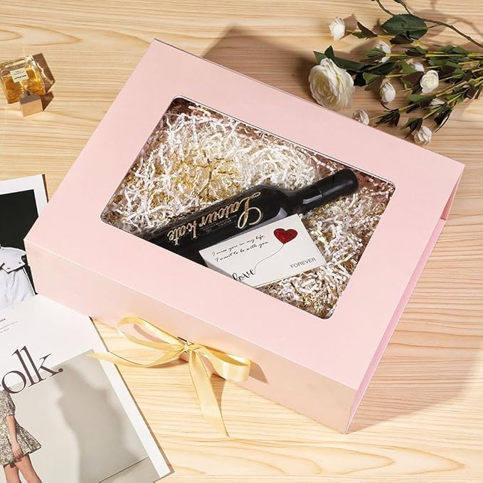 3 Pcs Pink Extra Large Gift Box for Presents with Ribbon 16.5x13x5.3 Inches Clear Gift Box with Window Magnetic Closure Gift Boxes with Lids