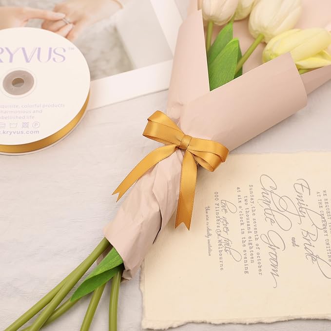 Old Gold Satin Ribbon, Double Faced 5/8 Inch X 50 Yards Old Gold Ribbon, Premium Satin Ribbon for Gift Wrapping, Crafts, Hair Bow Making, Sewing, Flower Bouquet, Wedding Party Decor