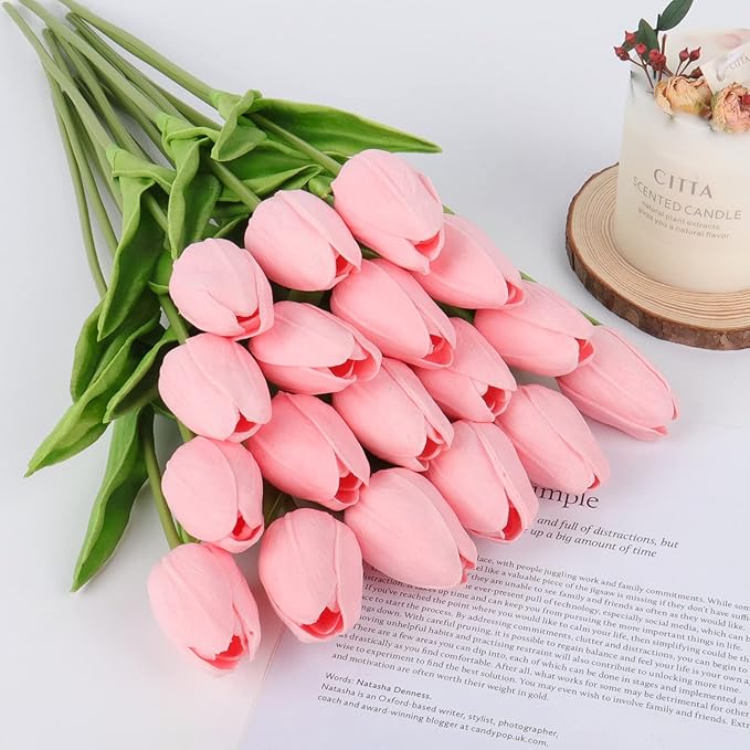 Beferr Pink Tulips Artificial Flowers 18Pcs Faux Tulip Real Touch Tulip Fake Flowers Bouquets Arrangements for Mothers Day Spring Easter Wedding Home Table Decor Pink