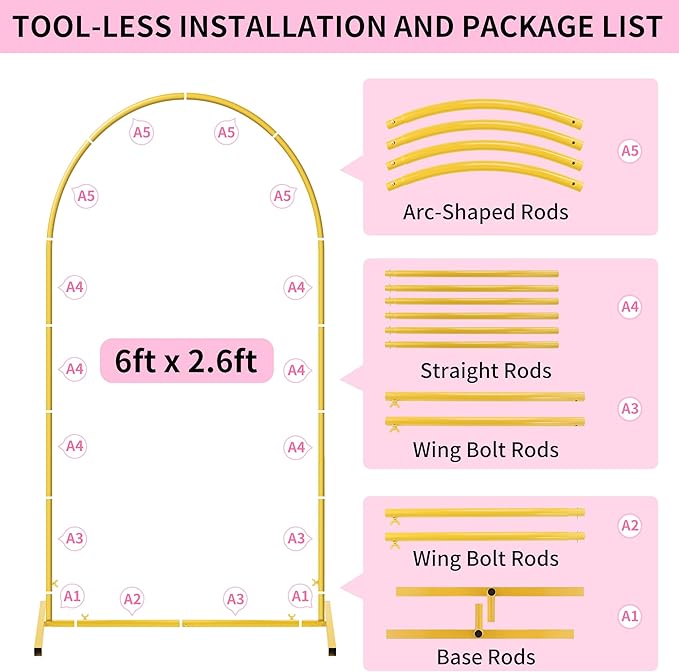 6FT Arch Backdrop Stand for Party, Wedding Arch Stand for Ceremony Birthday Party Baby Showers Photo Booth Easy Assembly Supports Flowers Balloons and Decor,Gold Short