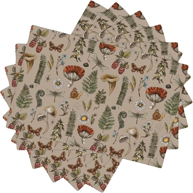 Mushroom Placemats Set of 6,Vintage Gothic Mushroom Fern Kitchen Place Mats Linen 12x18 Inch,Brown 6 PCS, Style-6