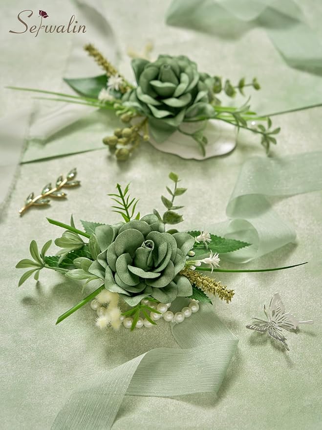 Serwalin Green Corsage and Boutonniere Set 2pcs, 6-7inch Boutonniere and Wrist Corsage Wristband Prom Flower Wedding Flowers Accessories Prom Suit Decorations