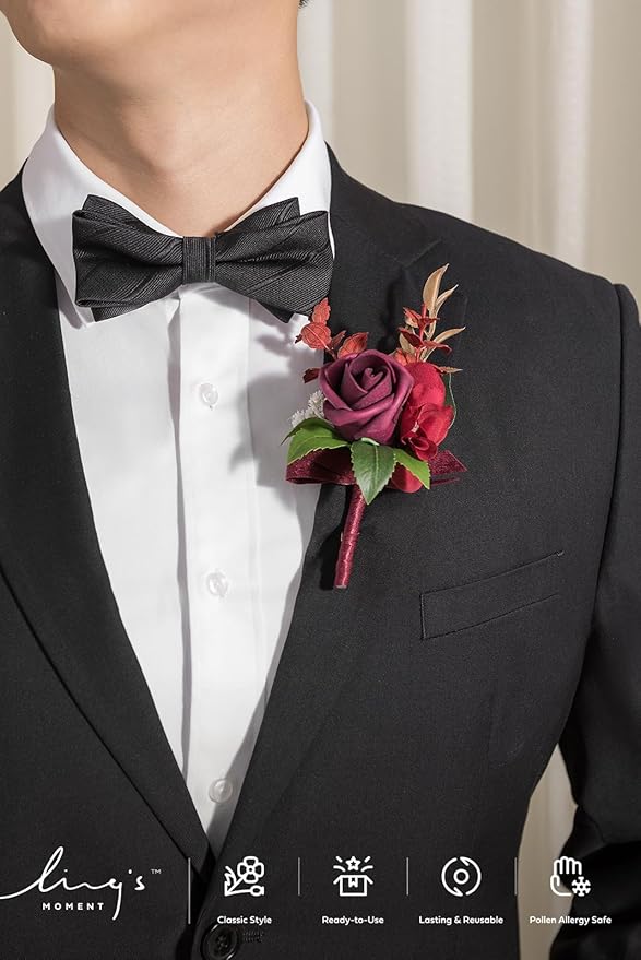 Ling's moment Boutonniere for Men, 6pcs Groom Groomsmen Boutonniere, Artificial Flowers for Wedding Decor/Prom/Homecoming, etc.Burgundy Marsala
