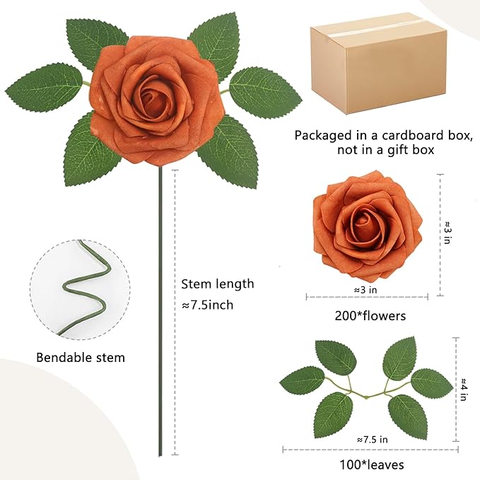 200PCS Artificial Flowers Burnt Orange Roses Real Looking Foam Fake Roses with Leaves and for DIY Wedding Bouquets Bridal Shower Centerpieces Party Decorations (Burnt Orange, 200)