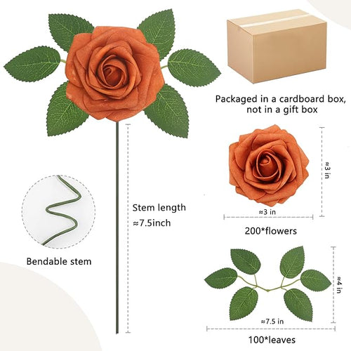 200PCS Artificial Flowers Burnt Orange Roses Real Looking Foam Fake Roses with Leaves and for DIY Wedding Bouquets Bridal Shower Centerpieces Party Decorations (Burnt Orange, 200)