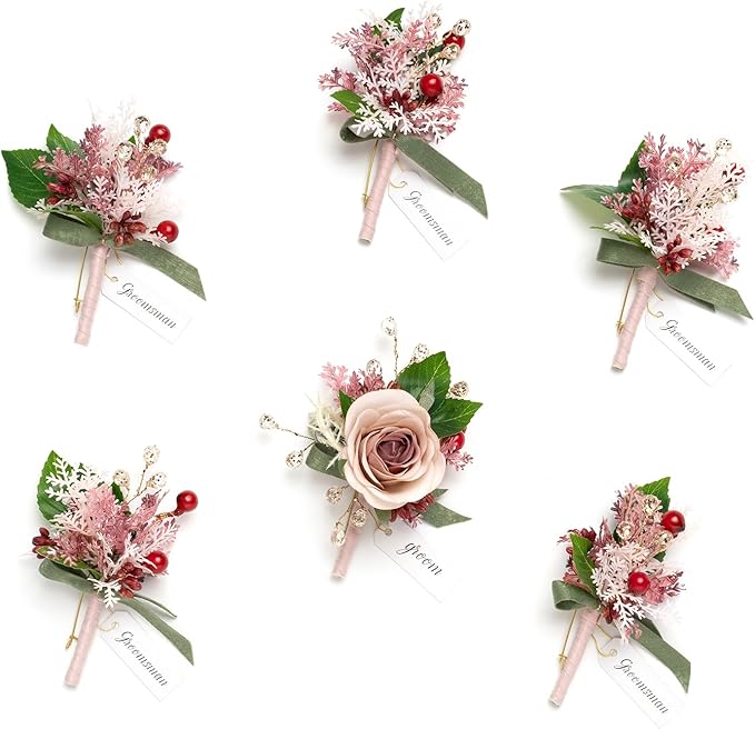 Ling's moment Boutonniere for Men, 6pcs Groom Groomsmen Boutonniere, Artificial Flowers for Wedding Decor/Prom/Homecoming, etc.Cinnamon Rose Pink