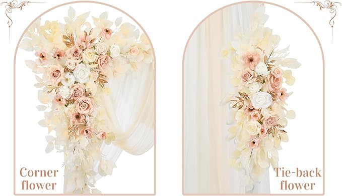 Ting's time Wedding Arch Flowers and Drape Kit (Set of 5) 2 Pcs Artificial Floral Swag Arrangement 3 Pcs Arch Draping Fabric for Wedding Ceremony Arbor and Reception(Beige)