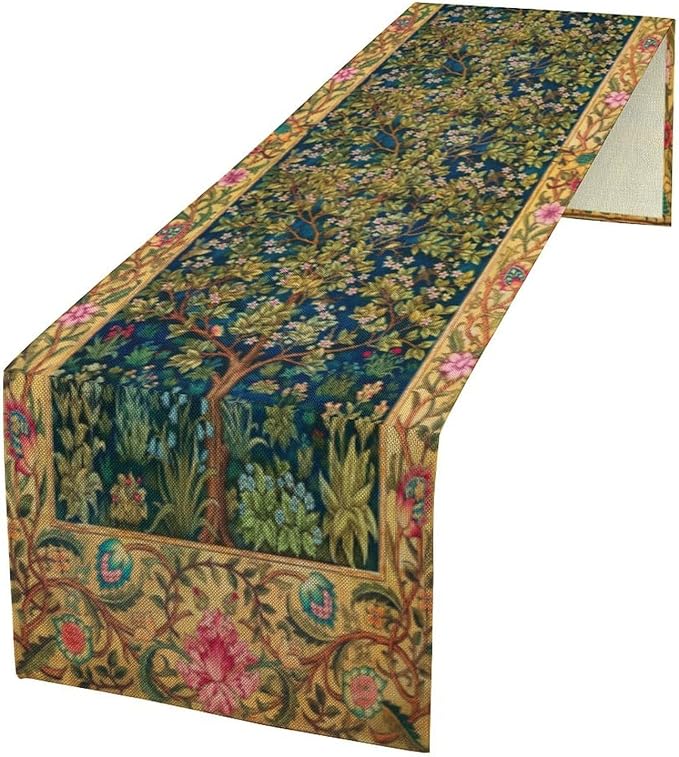 William Morris Table Runner, Boho Rustic Ethnic Tree of Life Flower Original Design Print Table Runner for Home Party Dining Room Kitchen Decor 13x70 Inch