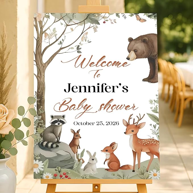 Personalized Baby Shower Welcome Sign With Stand, Forest Animal Baby Shower Yard Sign Decorations, Birthday Welcome Sign For Boy, Due Date Caledar Sign Template
