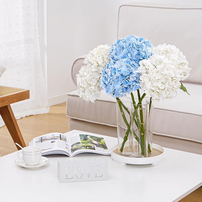 Waipfaru 21" Real Touch White Hydrangea Artificial Flowers with Long Stem & Leaves, Full Latex Faux Hydrangea Flowers for Home Decor Party Floral Arrangements Wedding Bouquets Centerpieces, 5Pcs