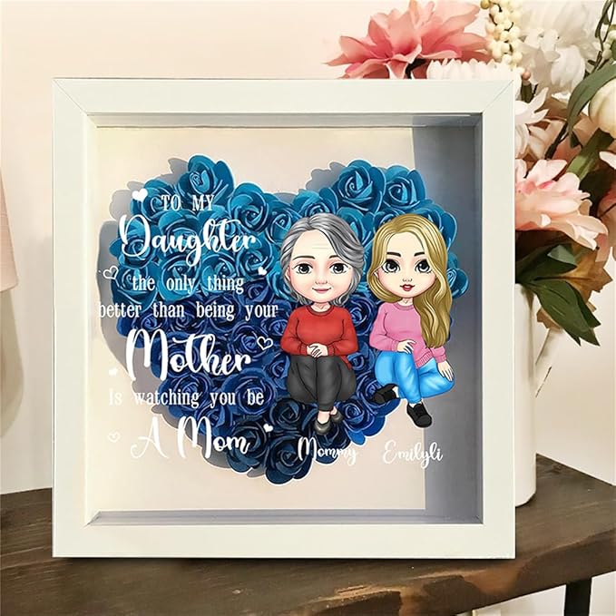 Personalized Mom Flower Shadow Box Custom Heart Shaped Rose Flower Shadow Box Frame with The Between A Mother And Daughter Is Forever Mother's Day Portrait Shadowbox Memory Gifts for Mom
