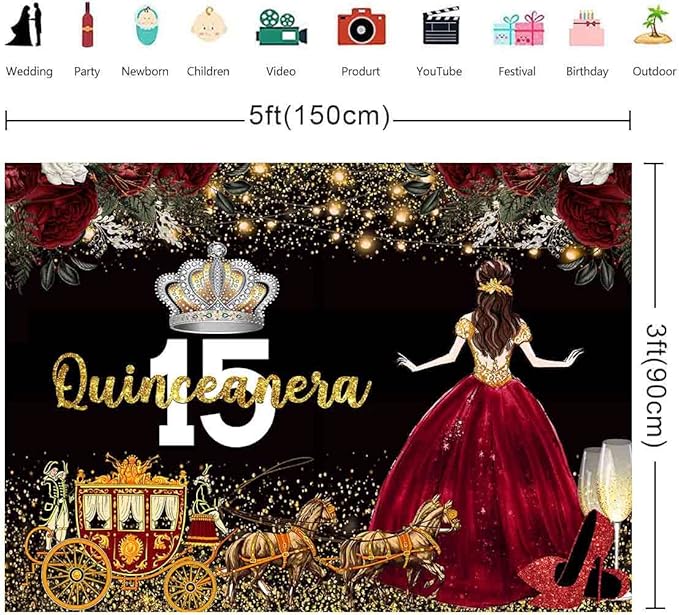 Red Dress Rose Flower Backdrops Quinceanera Birthday Backdrop for Girl Princess Happy 15th Bday Carriage Photography Props Cake Table Banner 5x3ft RBJLSLU32