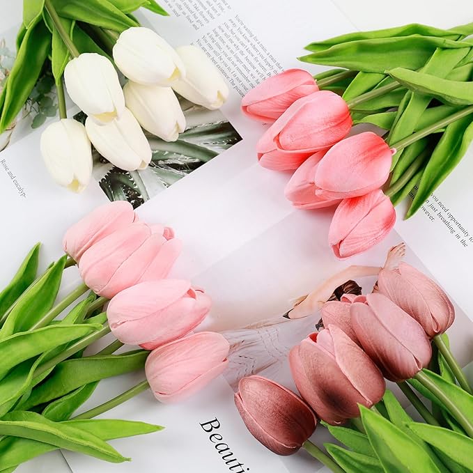 Beferr 18pcs Tulips Artificial Flowers Faux Tulip Real Touch Tulip Fake Flowers Bouquets Arrangements for Mothers Day Spring Easter Wedding Home Table Decor Colorful