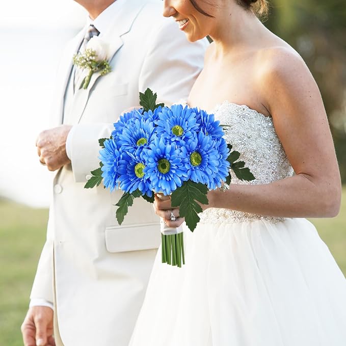 IPOPU 2 Bundles Artificial Gerbera Daisy Flowers 14 Heads Blue Fake Daisy with Stems Faux Silk Daisy Flowers for Wedding Bridal Bouquet Party Floral Arrangements Table Centerpiece Decor (Blue)