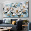 Ardemy Flower Wall Art for Living Room White Floral Canvas Art Wall Decor, Magnolia Teal Picture Textured Extra Large Painting Turquoise Artwork Bedroom Dining Room Kitchen Home Office 58"x29"