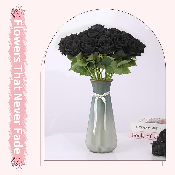52 PCS Black Roses Artificial Flowers, Fake Roses Bouquet, Artificial Black Rose with Stems for Wedding Flowers Decoration, Valentines Day Mothers Day, Bridal Bouquet Rose