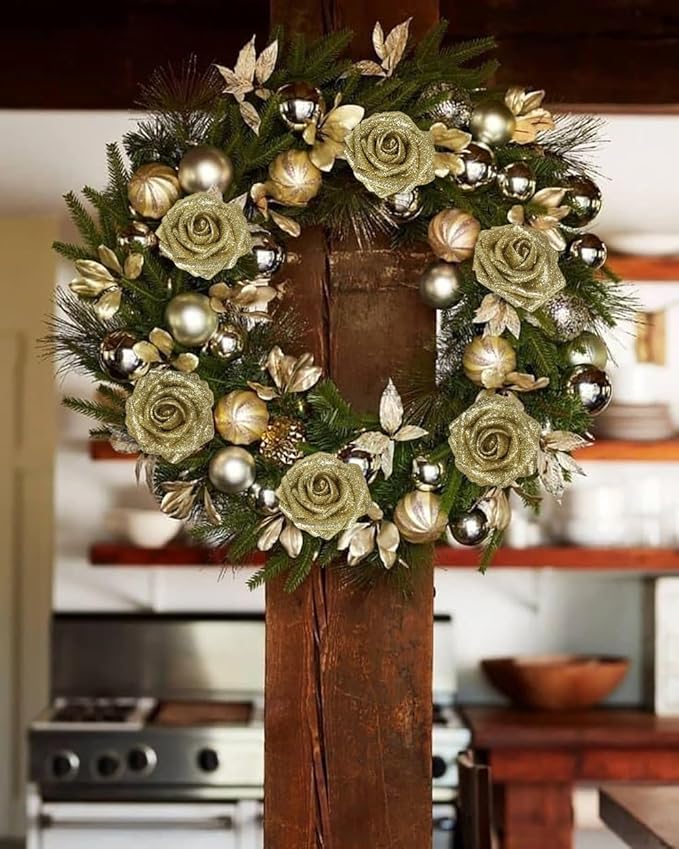 Gold Glitter Roses 30PCS 3.15" Artificial Roses with Stems for DIY Wreath Wedding Christmas Home Party Decor