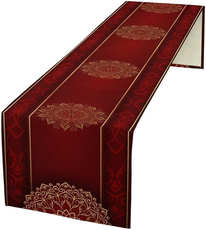 Luxurious Bohemian Table Runner, Red Gold Mandala Floral Boho Decor Table Runner for Kitchen Dining Festive Holiday Party Wedding Gathering, 13x90 Inch