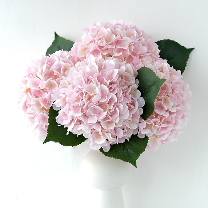 YalzoneMet 4Pcs Light Pink Silk Hydrangea Artificial Flower Big Blooms 20'' Long Stem Faux Hydrangea for Home Baby Shower Party Indoor Outdoor Wedding Table Centerpiece Spring Flower Decor