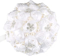 Handmade Wedding Flowers Bridal Bouquets Crystal Bride Holding Bouquet White Ivory Satin Roses with Diamond Pearl Ribbon.(allwhite)