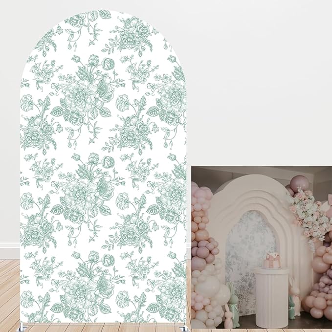 French Toile Arch Backdrop Cover Blue White Floral Baby Shower Birthday Party Elegant Vintage Theme Spandex Arch Stand Cover for Boys Newborn Celebration Tea Party Decor (G-4265,6.6FT)