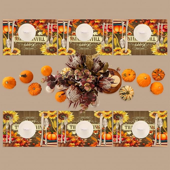 Thanksgiving Holiday Pumpkins Fall Placemats Set of 6 PVC Vinyl Non Slip Table Mats Heat Resistant Place Mats Washable Wipeable Dining Table Mat for Kitchen Decor Party Indoor Outdoor Decorative Gift